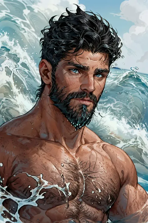 Poseidon in tight shorts, short beard, modern poseidon, hydropkinesis, water flying, ocean, big waves, water splash, greek god of water, black hair, stainding on water, short undercut, muscular male, eye focus, detailed face, confident and relaxed, topless...