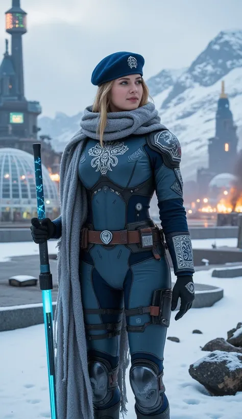 A hyper-realistic and cinematic depiction of a fierce and graceful female warrior representing Norway, standing resolutely on a futuristic battlefield.

Her attire is a masterful blend of modern military functionality and Norse-inspired elegance. She wears...