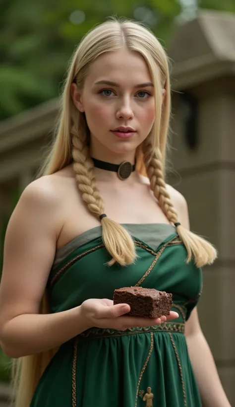  A Celtic warrior in a green dress , blonde with braids in her hair ;  holding an intense chocolate brownie in her hand;  High resolution ,  blonde hair ,  Hair with two high braids, foreground,  OctaneRender 8K, pinturas de guerra no rosto 