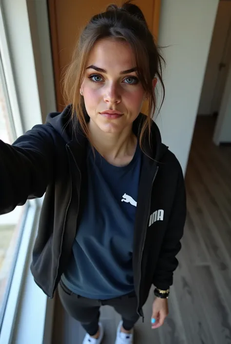 A selfie of a 25 year old Bulgarian girl, average looking girl, brunette ponytail, wearing a dark blue shirt with a "puma" logo on it with a black hoodie on top, tight black jeans and white jogging "nike" shoes, taking the picture with an iPhone, tilted se...