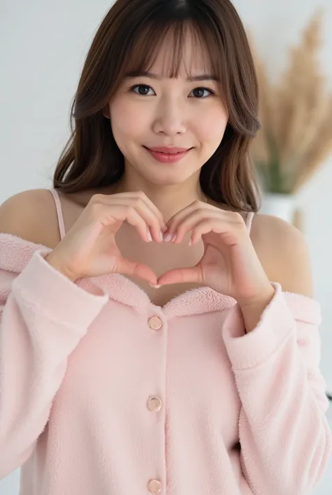  only one woman with a cute smile is cute,  fluffy off-shoulder pajamas ,  make a big heart with both hands , Hold it in front of your chest , View above the collarbone、  background is monotone  

