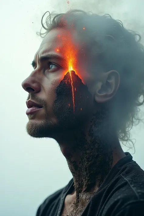 Double exposure photo montage of a face and let the face be the volcano 