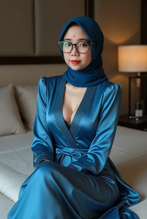 Sexy blue kebaya satin with black high heel
Wear Blue satin hijab
Sleep luxury bed with full body image
Bra expose
Wearing Glasses
Black highheel shoe
Korean woman
