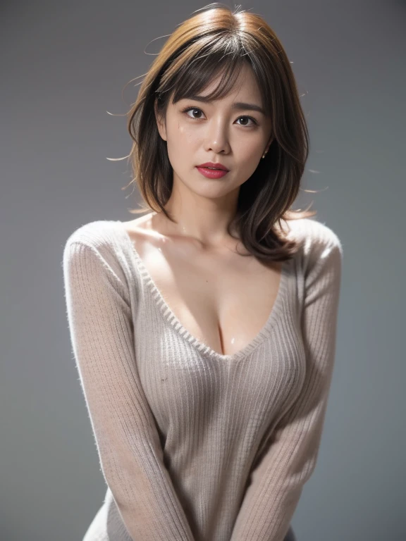 High resolution, masterpiece, Irritated skin, Very detailed, Photorealistic, Professional Lighting, Written boundary depth, sharp, (Gray background), (Front view：1.2),(Japanese Mature, 38 year old women are sexy:1.0), Detailed face, Beautiful Eyes, bangs, ...