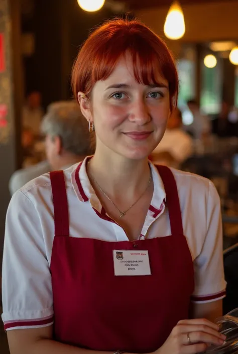 photo of a young girl 20 years old , in a waitress uniform standing in a cafe, Photo up to the waist,  photo like a real , detail, realism, the girl has short red hair 
