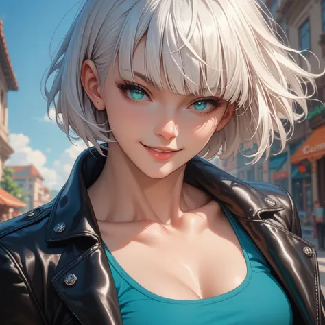 woman,  White hair, short hair style with bangs ,  definite athletic physique, shirtless,  wearing tight black leather pants,  cyan eye color ,  smiling maliciously , naughty smile,  anime art 