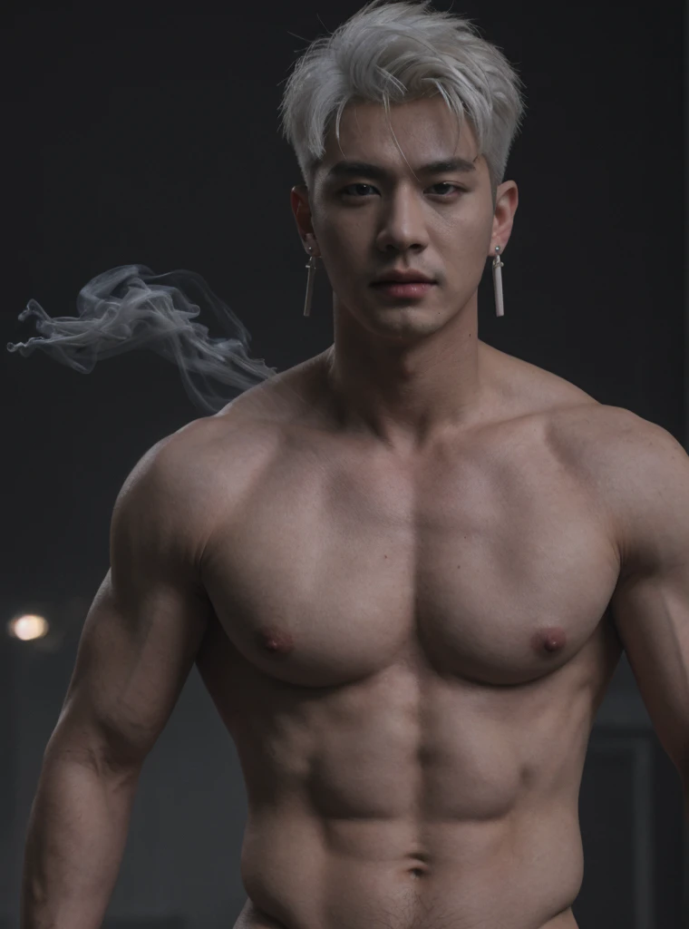 (8k photo, best quality, masterpiece:1.2),(realistic, photo-realistic:1.37) young ,handsome man, Mark Tuan, Got7, white skin, detail face, grey bright eye, white hair, nude , naked , bad boy, yakuza, tattoo, smoke cigarrate, a lots gangster night town in b...