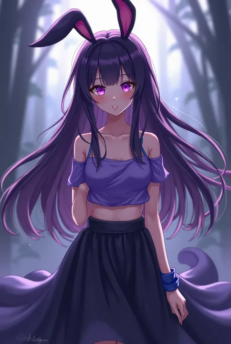 anime woman with long dark purple hair, bunny ears, 
purple eyes, blue wristbands, small purple plain crop
 top and black long skirt