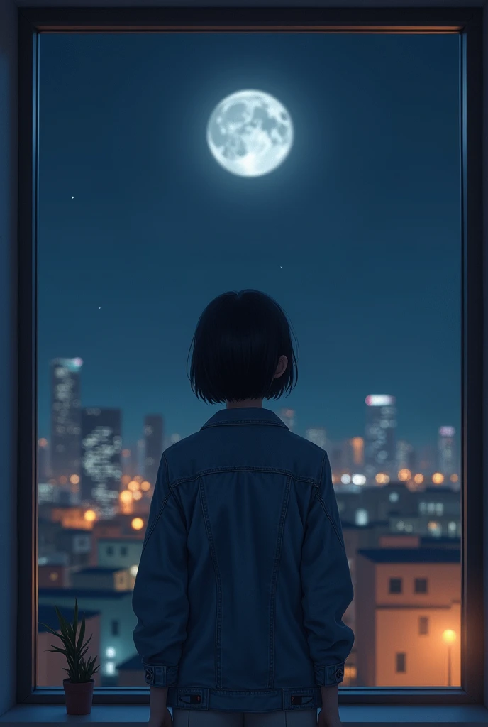 Night, A girl in a denim jacket ,  short dark hair,  looks out the night window of a modern apartment, 