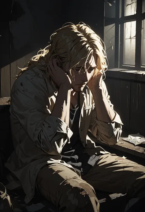 Adult male, long and greasy blonde hair, sitting in dark room, head in hands, obviously distressed, cinematic lighting, depressed atmosphere 