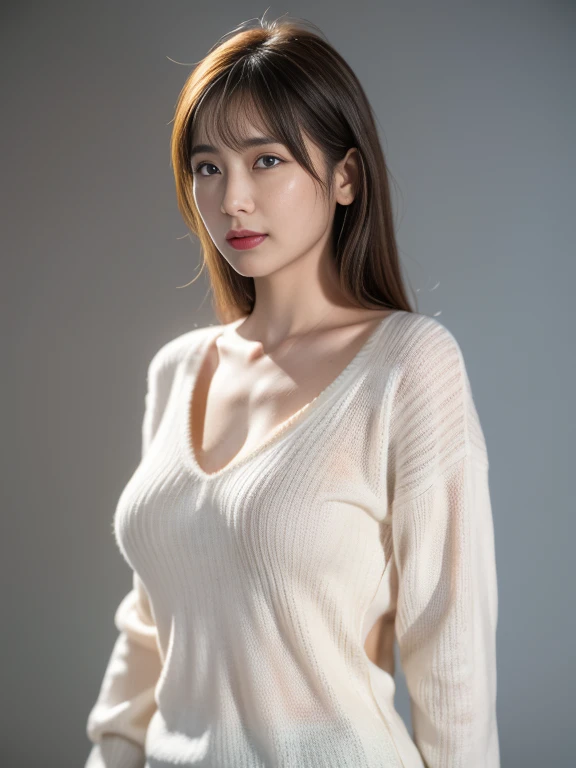 High resolution, masterpiece, Irritated skin, Very detailed, Photorealistic, Professional Lighting, Written boundary depth, sharp, (Gray background), (Front view：1.2),(Japanese Mature, 38 year old women are sexy:1.0), Detailed face, Beautiful Eyes, bangs, ...