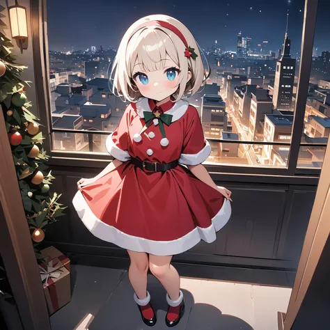  Yukiko Aikina、 top quality、 super resolution、Beautiful girl with a youthful teenage expression、(  Masterpiece :1.2)、4K、8k、 short bob from behind、 one girl、 White Blonde Beautiful Hair、(Aquamarines Big Eyes:0.8), Oblique Eyes 、A girl in a cute Santa costum...