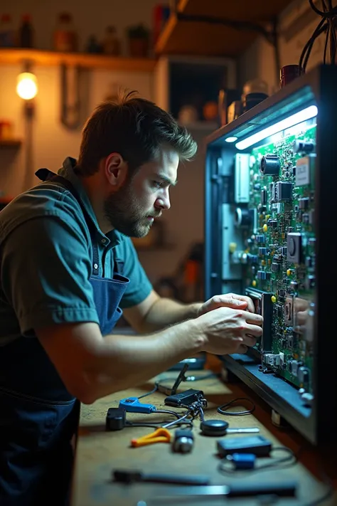 A person repairing LED TV