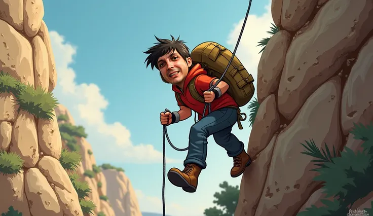  Mountaineer carrying a large backpack is hanging by a rope on a stone wall with scant vegetation. The climate in the photo is Mediterranean. The climber has a frustrated and funny expression , comic.