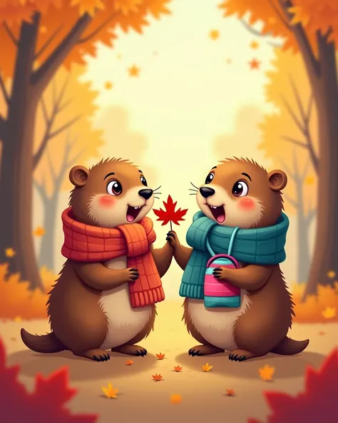 A lively and fun fall illustration with a sense of warmth. Two furry groundhogs are interacting. Both have round, cute faces and are wearing a colorful woolen scarf that looks both warm and playful. A bright red maple leaf is cradled in his hand. Carrying ...