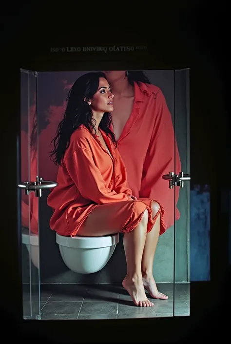 Heureux et souriant Femme italienne belle dans la salle de bain de la prison, prison orange chemise with torn orange prison pants,Jeu de premier plan et darrière-plan, emboîté, courbe de poitrine distincte, on peut voir son visage sur de nombreuses photos,...