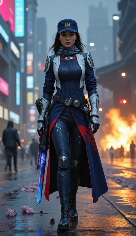 A hyper-realistic and cinematic depiction of an elegant yet unyielding female warrior representing South Korea, standing resolutely on a futuristic battlefield.

Her attire seamlessly blends modern military technology with traditional Korean aesthetics. Sh...