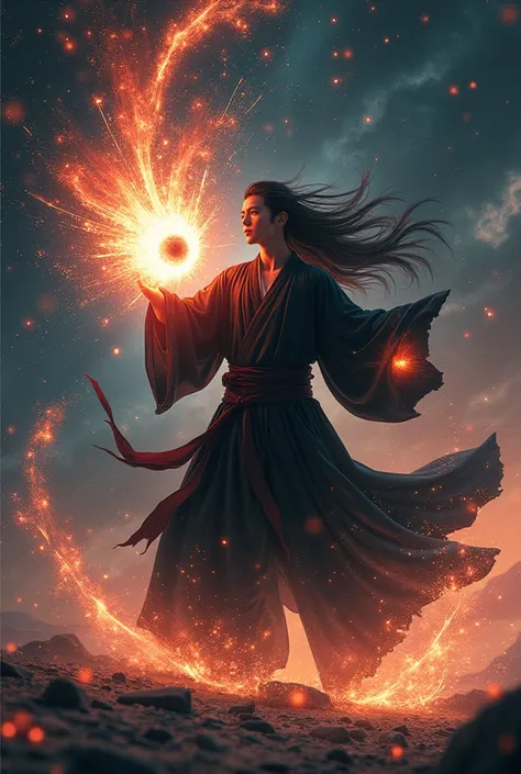 8k, 16k, A man with a black kimono, long black hair and red eyes, punches the ground with his hand with a punch powered by the force of the black holes gravity and the speed of light particles.