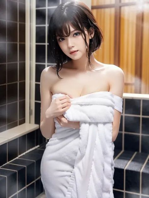 big breasts:1.4, upper body:1.9, front view, upper body, female idol, realistic beautiful girl with black eyes, pale skin, shiny pink lips, short black hair, perfect face, perfect eyes, (((( aftershower , white bath towel, wrap a bath towel around your bod...