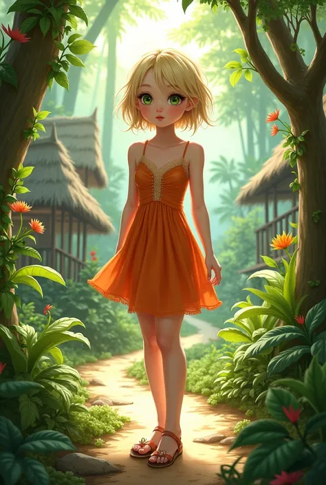 fantasy artwork, young teen girl, blonde, short, slender, green eyes, pale skin, orange dress with bare midriff and thigh high skirt, sandals, jungle village background
