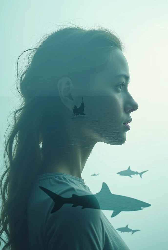 Make me a double exposure photomontage of a face and that its silhouette is of the sea with sharks 