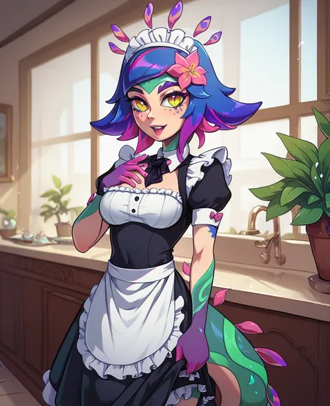 Neeko in a maids uniform while standing looks at her master with a submissive look