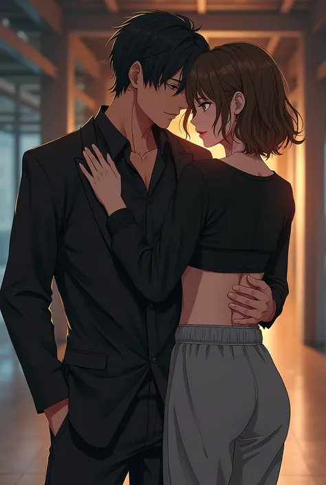 She have a pale white skin and a hourglass body, she have wavy long brown hair with brown eyes, and a button nose, and freckles, and she also have dimples. Her height is 161cm, she is dressed with grey sweatpants and a black crop top, with Satoru Gojo wrap...