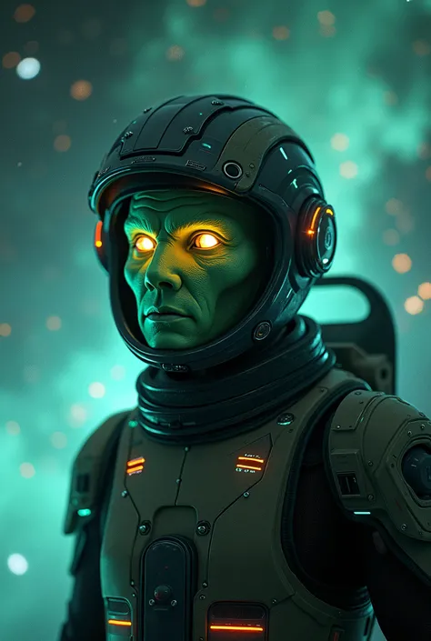 Create a realistic image of an alien man with humanoid features, glowing skin in greenish or bluish tones, bright and expressive eyes, wearing a futuristic astronaut helmet with advanced technological details such as integrated LED lights and holographic p...