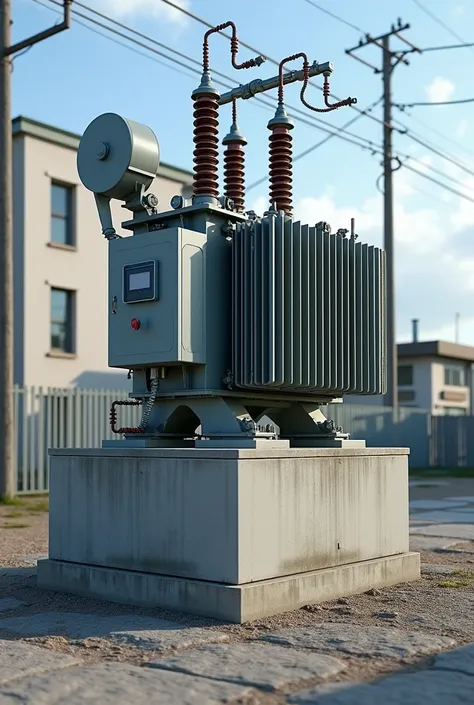  Generate an image of a pedestal-type electrical substation .  The image must show a transformer and a maneuvering box on a concrete pedestal with a linked mesh enclosure, must be realistic and with a 2-story building in the background .