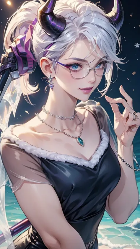 8k, masterpiece, best quality, highly detailed, 1 girl, devil, demon horns, warlock, pixie cut, white hair, multicolored hair, very short straight hair, red highlight hair on white hair, stippled hair, wearing glasses, round glasses, earrings, red eyeshado...