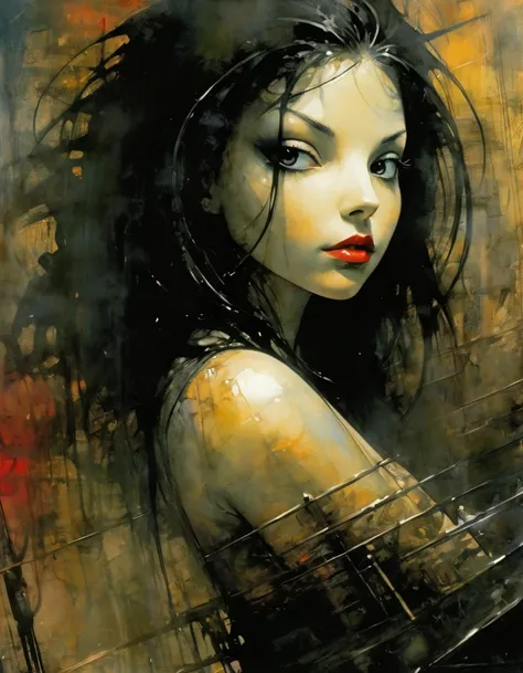 girl with long black hair, small breasts, in lingerie, erotic posing, night room, open legs, large centanal with views of Brussels, black and white image (inspirational art by Bill Sienkiewicz and Dave McKean, oil painting, brush stroke details that enhanc...