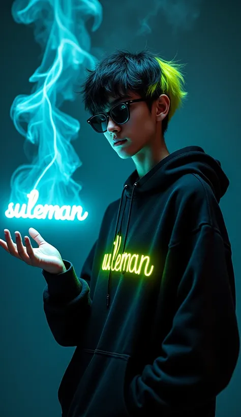 Create a futuristic portrait of a stylish, young figure with tousled, two-tone hair (black and neon yellow) wearing black sunglasses and a cozy hoodie. Theyre casting a magical glow with smoke that forms the word Suleman in vibrant yellow above their outst...