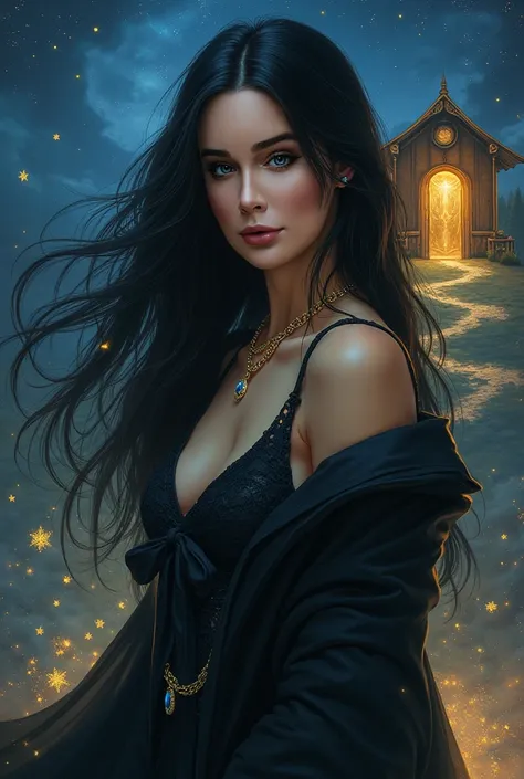 stars in the sky, a magical cabin in the background,golden and mysterious eyes, white woman with long black hair, red and full lips, shining golden eyes, black clothing, black coat tied on the side, a golden chain, a ring with blue stone, blue and gold ene...