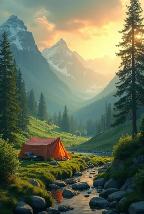 Camping in a green mountain surrealistic photo.no human being should be there.kerp the sunser