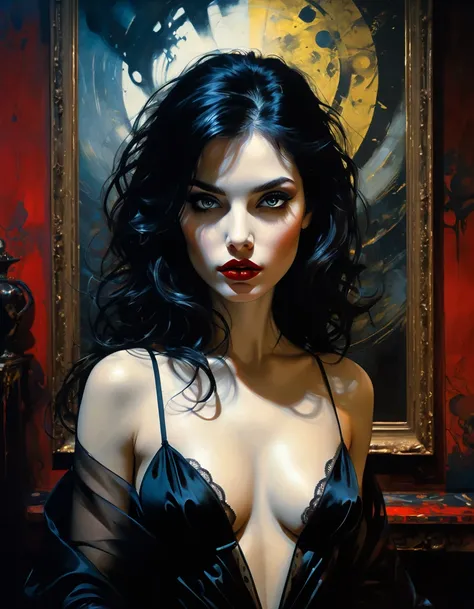 girl with long black hair, small breasts, in lingerie, erotic posing, night room, open legs, large centanal with views of Brussels, black and white image (inspirational art by Bill Sienkiewicz and Dave McKean, oil painting, brush stroke details that enhanc...