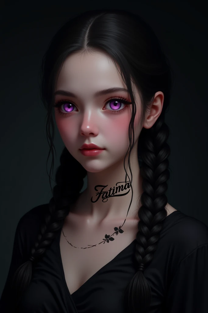 Create a digital artwork featuring a serene young woman with long, black braided hair, striking violet eyes, and a delicate expression. She wears a simple black top, revealing an elegant tattoo reading "Fatima" with a flower design. Capture soft pink blush...