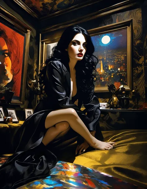 girl with long black hair, small breasts, in lingerie, erotic posing, night room, open legs, large centanal with views of Brussels, black and white image (inspirational art by Bill Sienkiewicz and Dave McKean, oil painting, brush stroke details that enhanc...