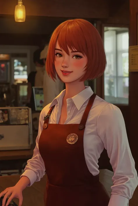 photo of a young girl 20 years old , in a waitress uniform standing in a cafe, Photo up to the waist,  photo like a real , detail, realism, the girl has short red hair 
