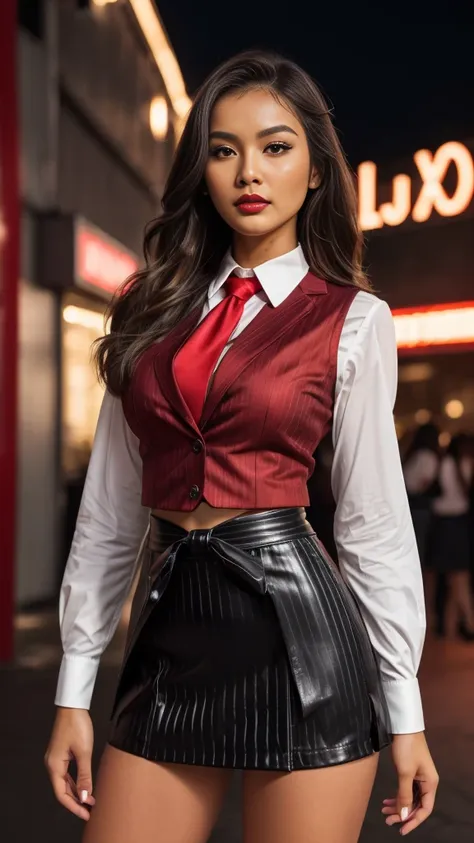 (absurdres, highres, ultra detailed), masterpiece, long hair, brown eyes,  malay indoasia mixed woman ,1girl, skirt suit, leather business suit, ((three-piece suit)), black pinstripe suit, ((waistcoat)), red shirt, red necktie, bodycon skirt, miniskirt, cl...