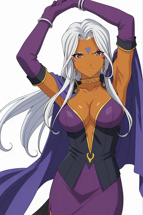 Urd,1girl,solo,facial mark,jewelry,forehead mark,breasts,long hair,dark skin,wings,gloves,elbow gloves,dark-skinned female,white hair,large breasts,bracelet,dress,choker,arms up,armpits,cleavage,purple eyes,white background,simple background,cape,score_9,s...