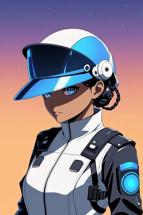 A female officer, with a skinny build. She has a small face with very small eyes. she is wearing simple leather protective clothes and leather hat. The style is futuristic anime. The setting is clean and minimal, a sci-fi-themed background, no text or symb...