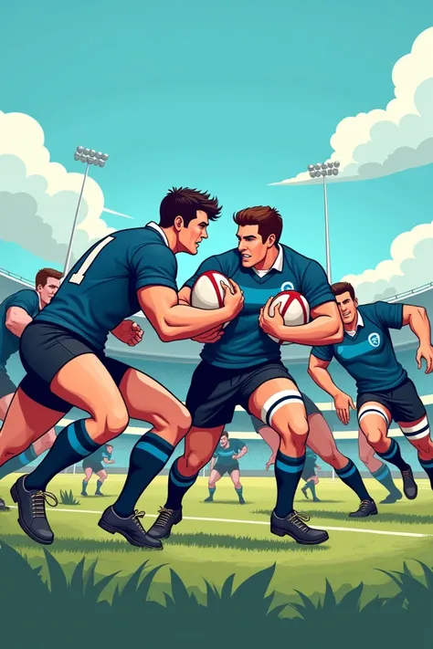 Rugby cartoon with blue, black and white colors 