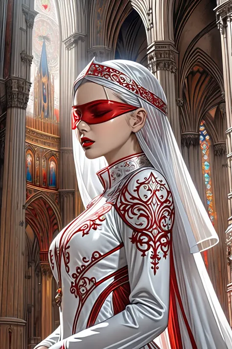 the goddess by shadrach jaroshelev, in the style of gothic futurism, dark white and light red, hyper-detailed illustrations, uhd image, Gorgeous costume details, intricate costumes, (cathedral:1.6)(beautiful and clear background:1.4),
(Transparent blindfo...