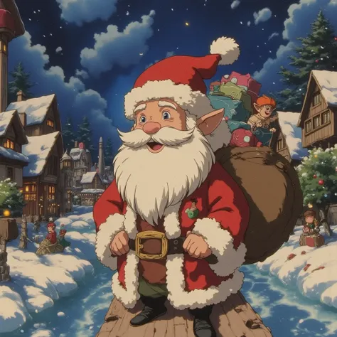 A magical illustration of Santa Claus and his enchanting village at the North Pole, bursting with holiday charm and intricate details. Santa stands at the center of the scene, a jolly, round figure with a flowing white beard, twinkling eyes, and a warm smi...