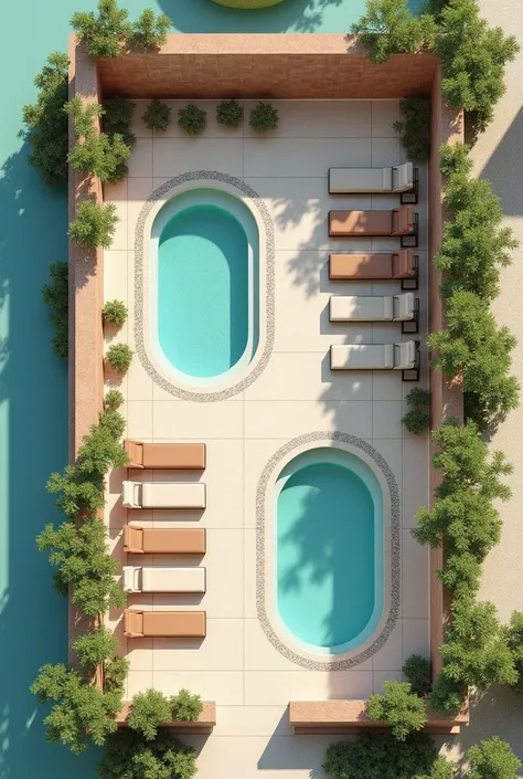 Photo of the floor plan of a spa without an outdoor pool, with several sun loungers and 2 indoor pools
