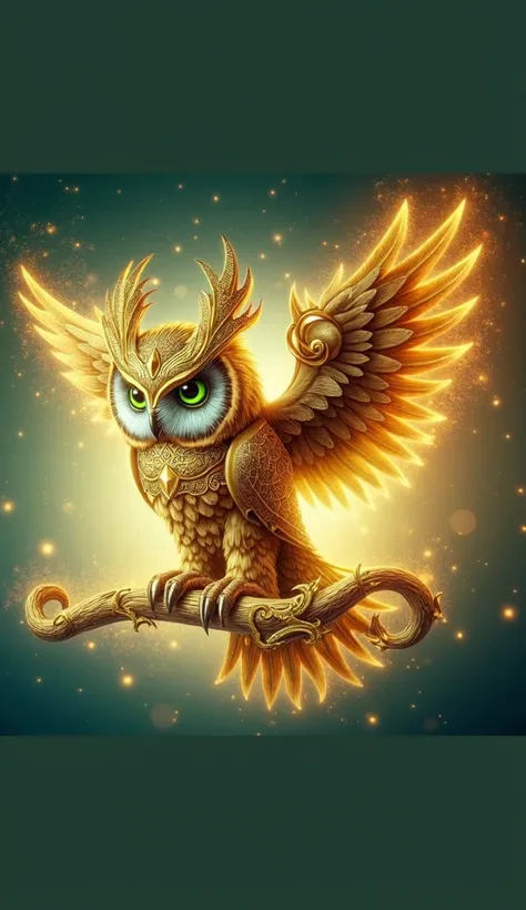 A majestic owl intricately adorned with golden, ornamental armor and glowing patterns. Its vibrant green eyes radiate wisdom and power, while its wings spread wide, shimmering with golden light. The owl perches gracefully on an ornate, gilded branch, surro...