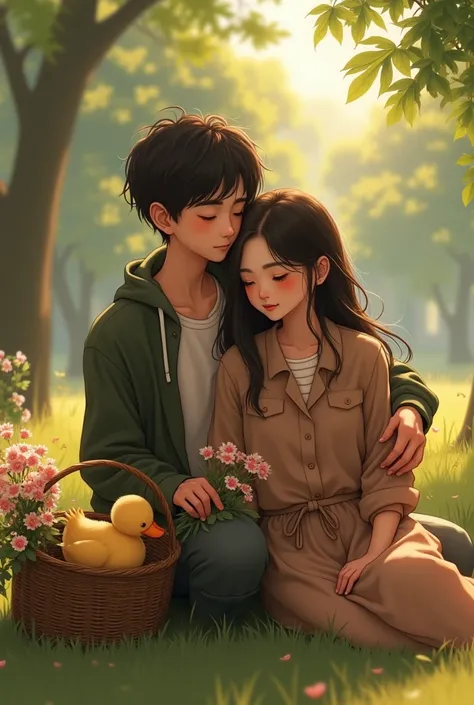 A beautiful girl with her boyfriend outside the car and boy wear layers and Cargo pants they are hugging with each other and she has a basket in the basket there is a duck baby and boyfriend hold bunch of flowers and boy bad girl are sad and sit in the sea...