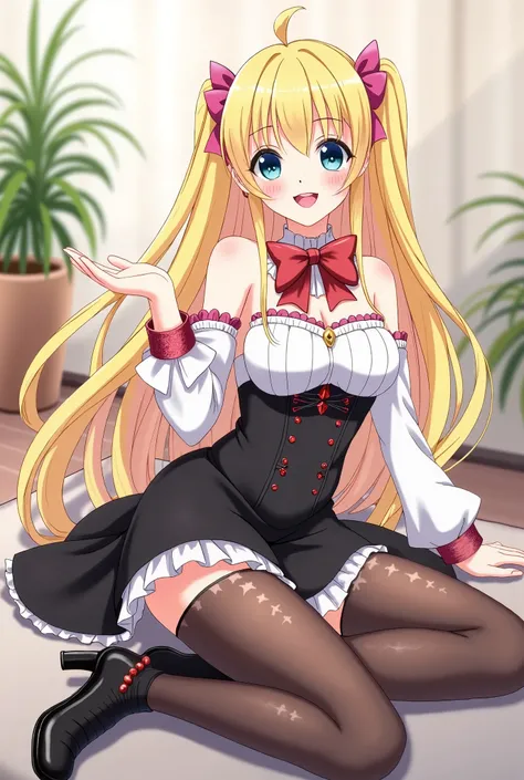 woman with long, blonde hair., gathered in two pigtails secured with pink bows. She wears an elegant black and white corset, with a red bow around the neck. Her outfit includes stockings with a subtle pattern and black high-heeled boots., decorated with sm...