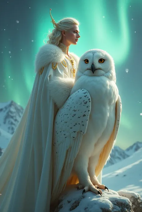 Create a prince on top of an albino owl with sexy divine robes on top of the Northern Lights