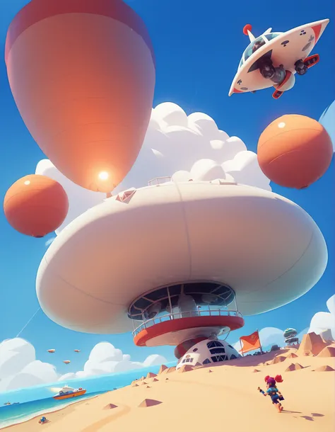 a landscape of a sunny city near a beach, views from below, airship in the sky, brawl